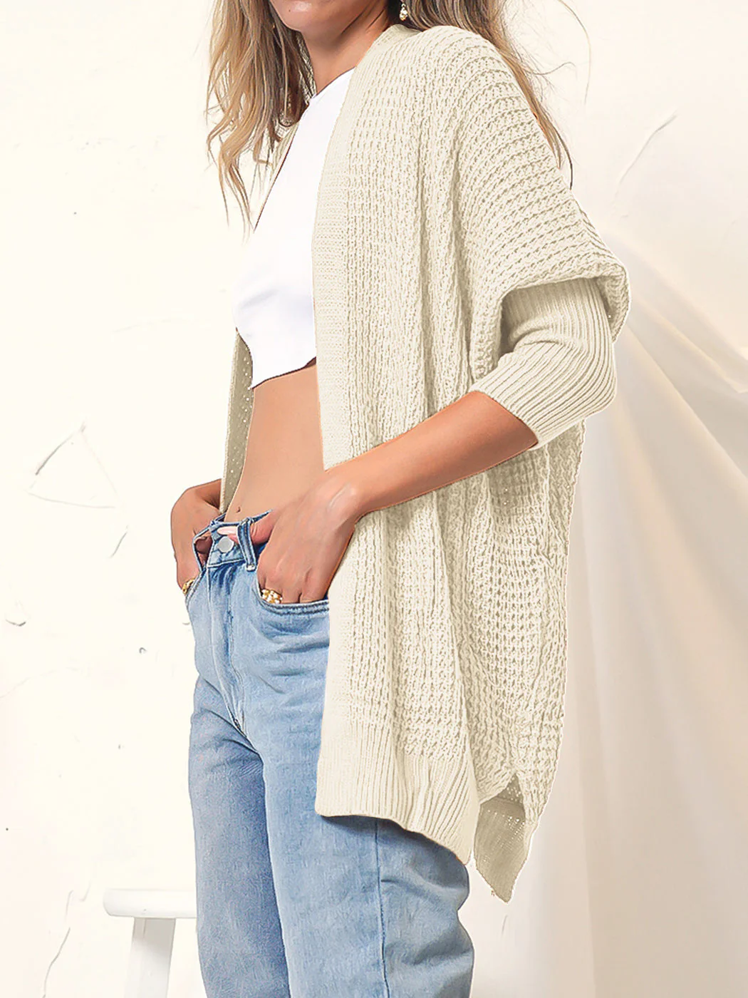 Waffle Knit Open Front Cardigan Sweater - Image 7