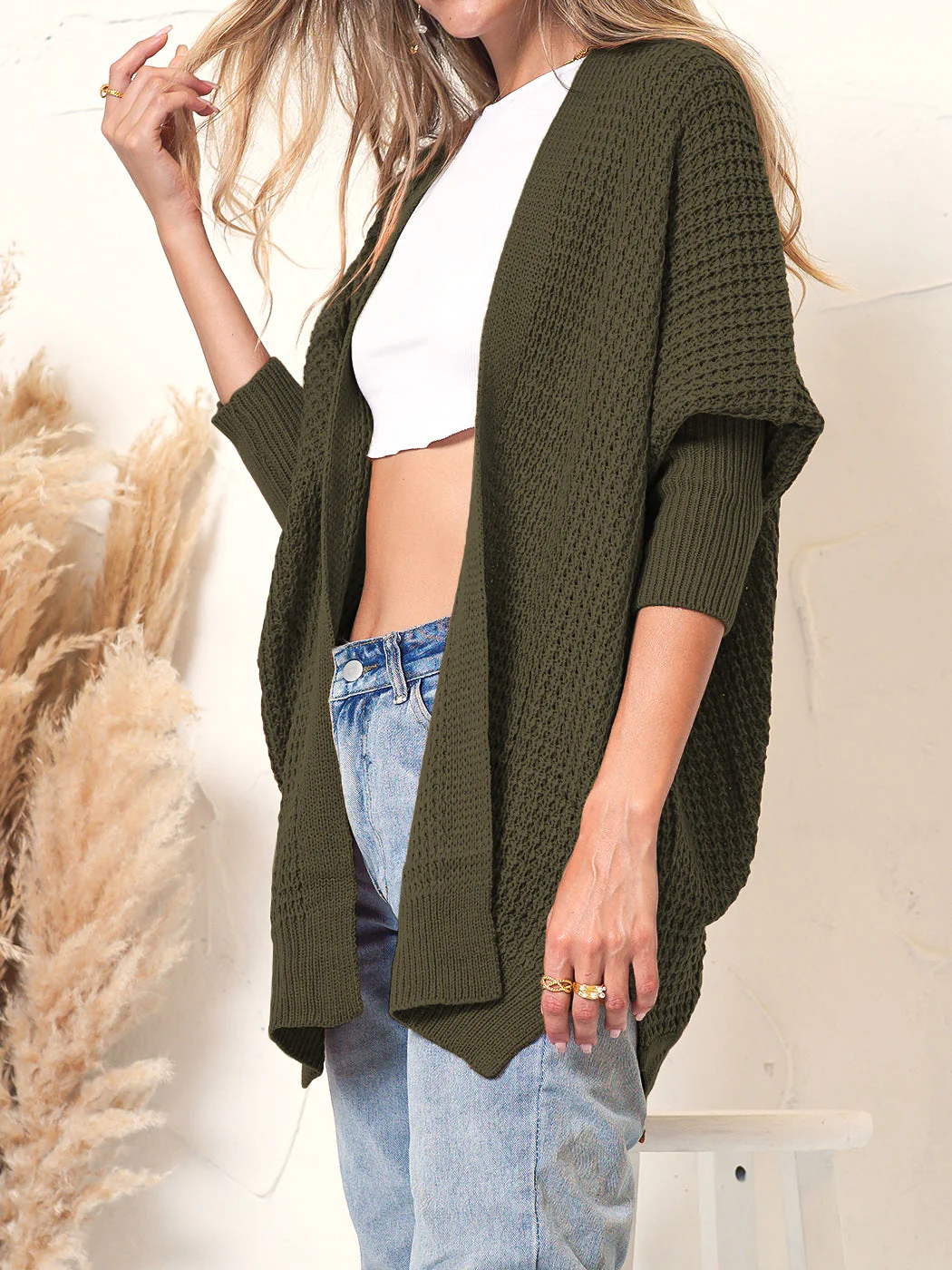 Waffle Knit Open Front Cardigan Sweater - Image 8