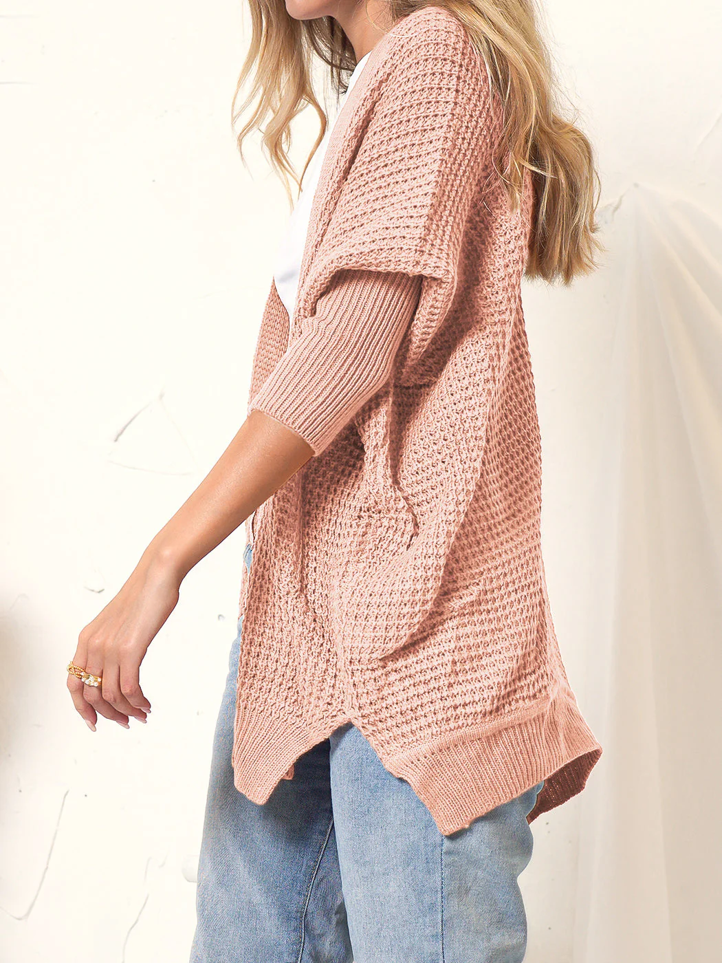 Waffle Knit Open Front Cardigan Sweater - Image 9