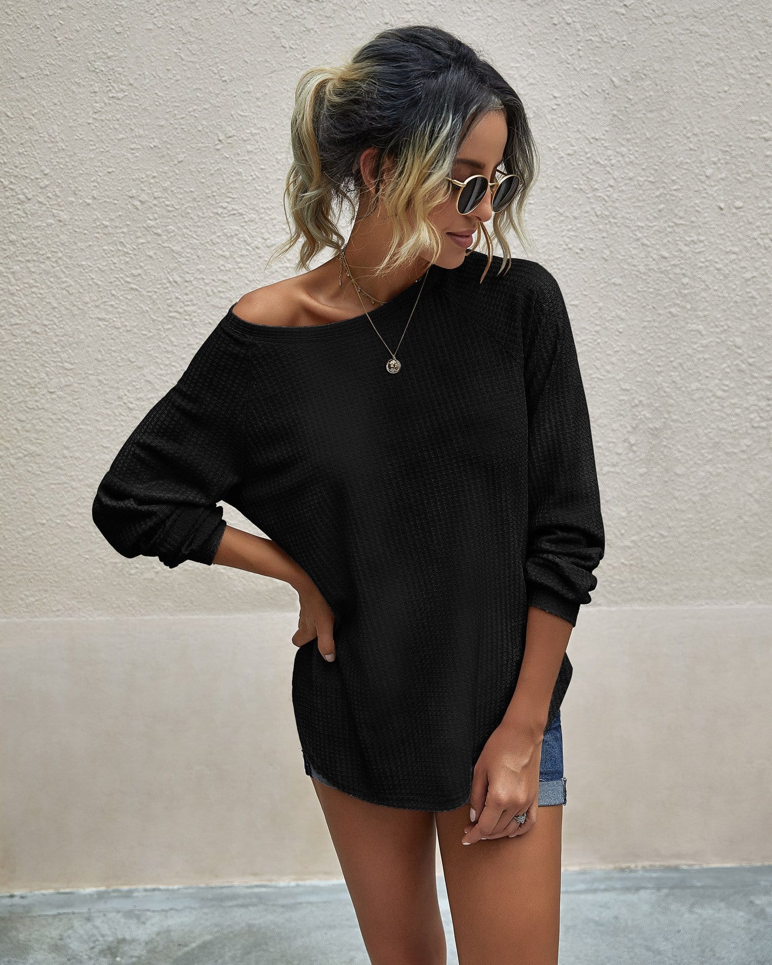 Waffle Knit Raglan Sleeve Sweater - Image 13