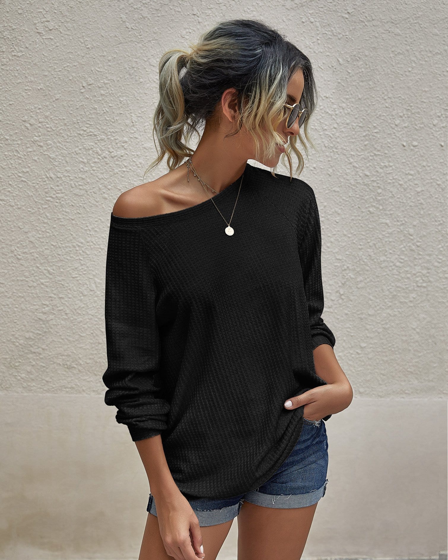 Waffle Knit Raglan Sleeve Sweater - Image 14