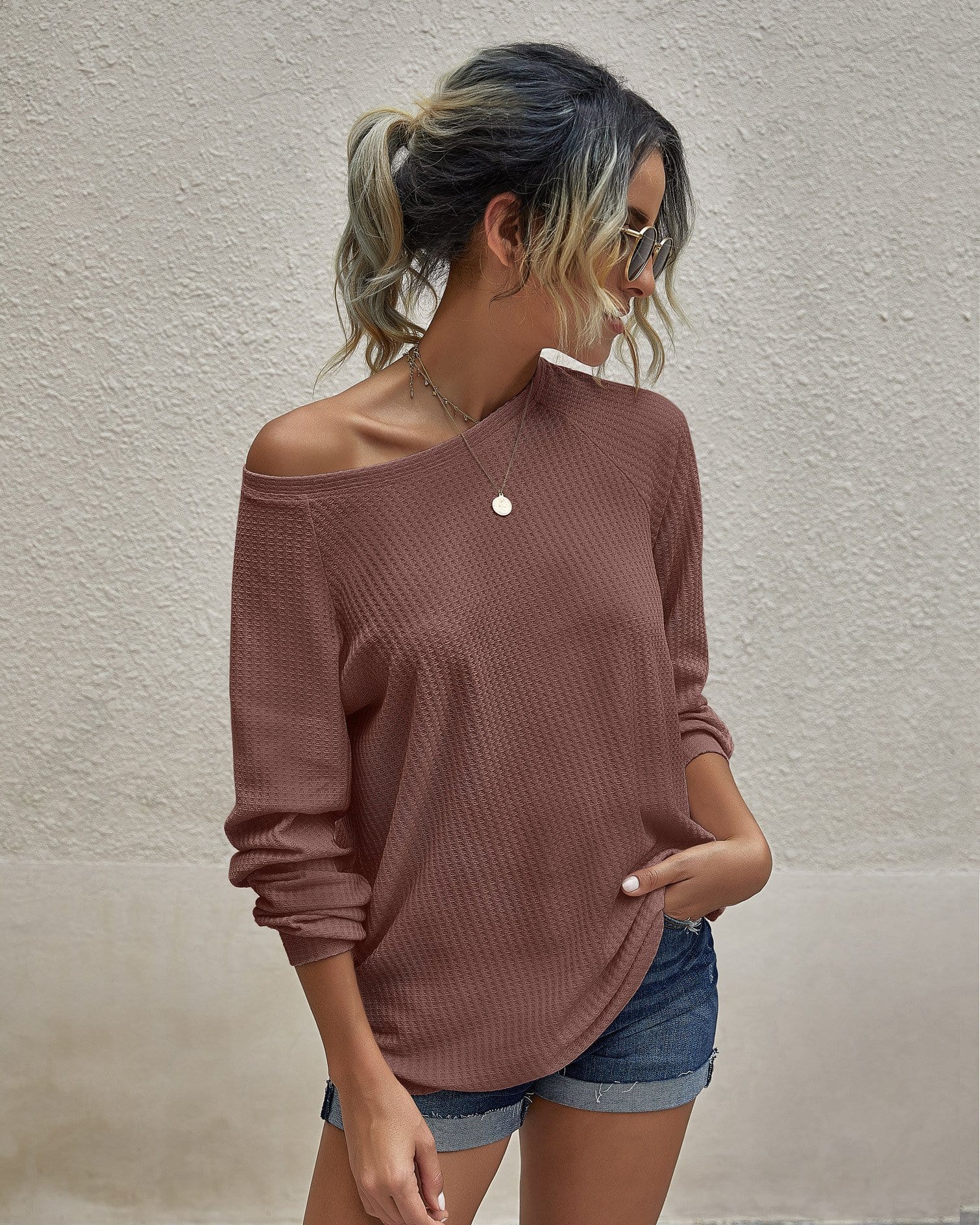Waffle Knit Raglan Sleeve Sweater - Image 6