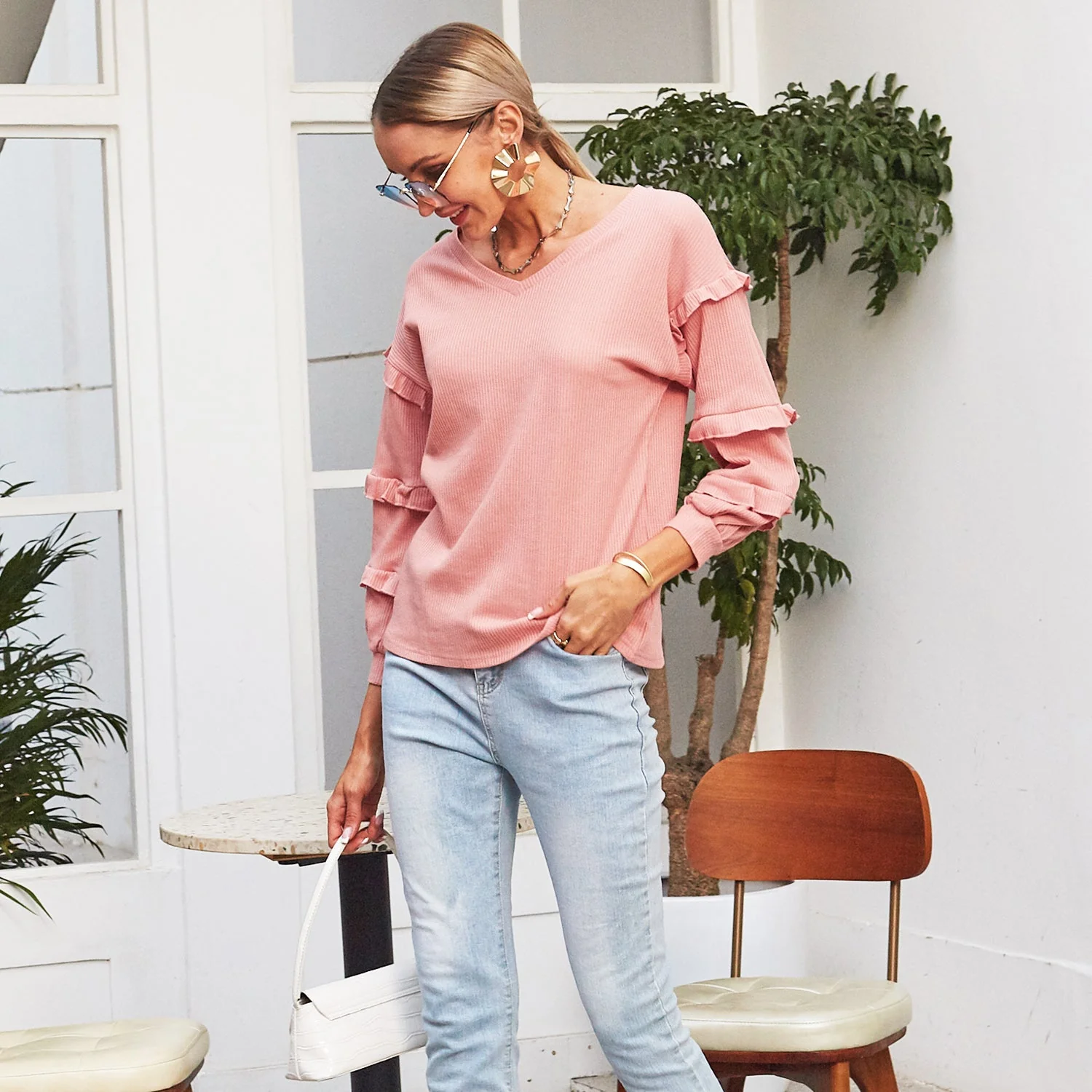 Waffle Knit Ruffle Lantern Long Sleeve - Image 11
