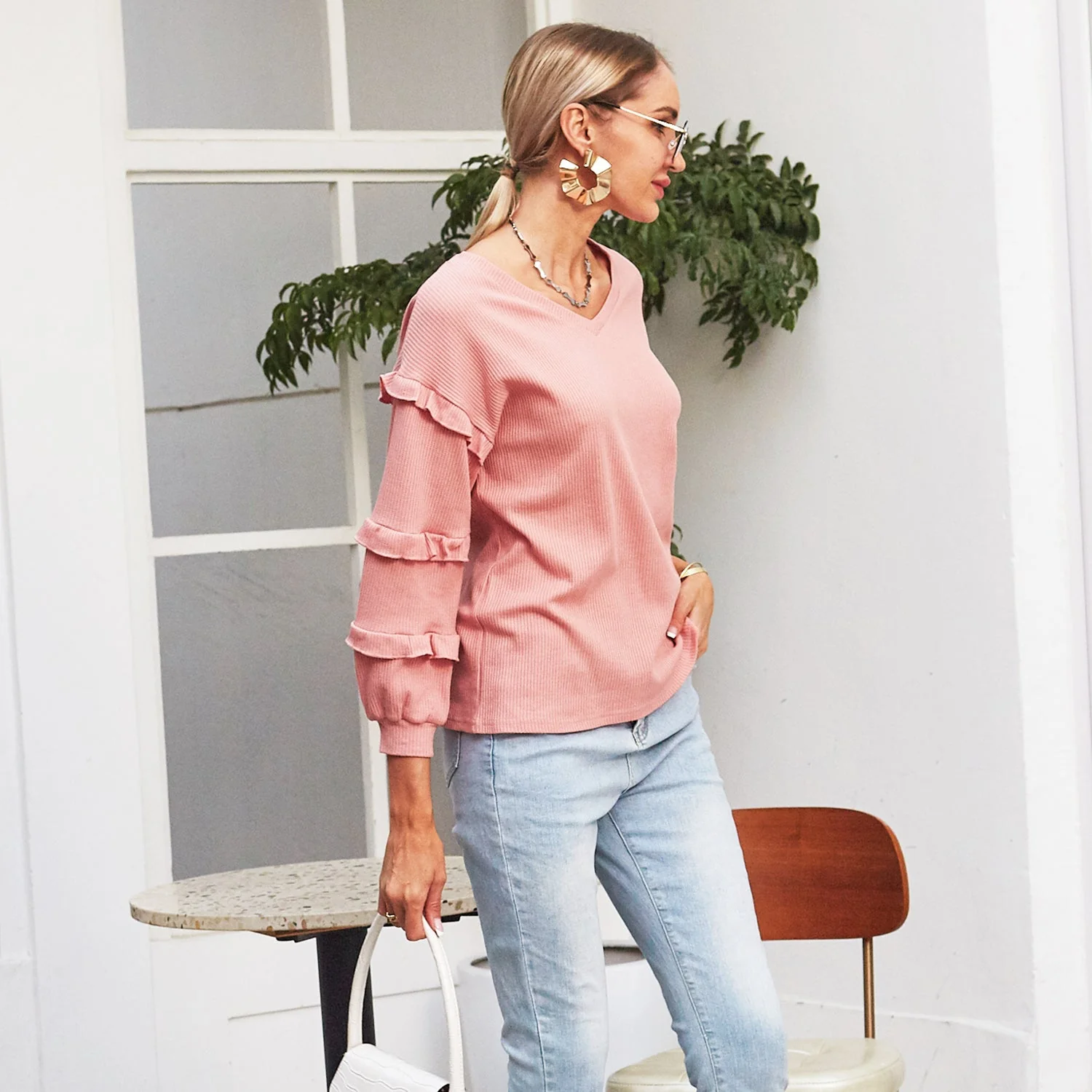 Waffle Knit Ruffle Lantern Long Sleeve - Image 12