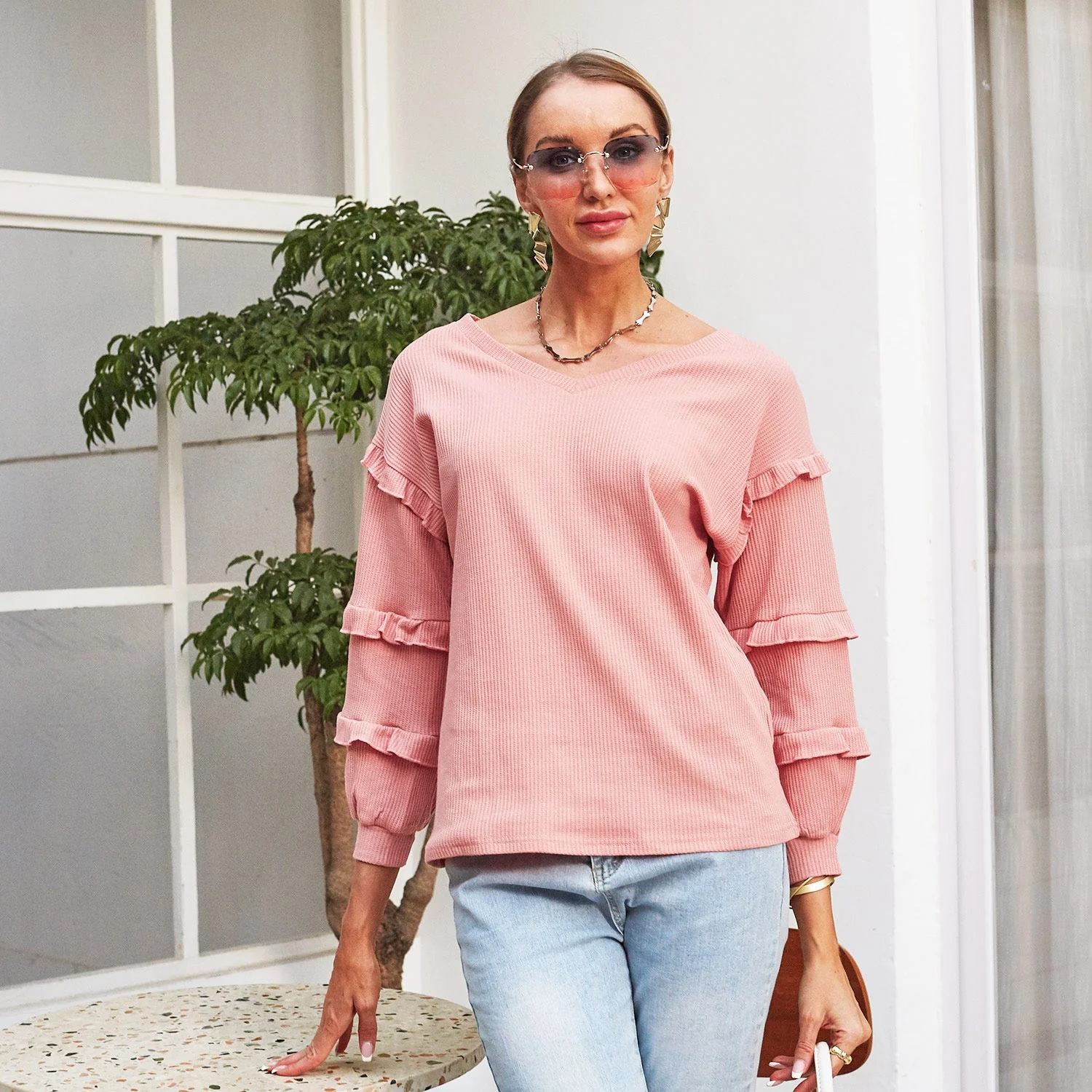 Waffle Knit Ruffle Lantern Long Sleeve - Image 13