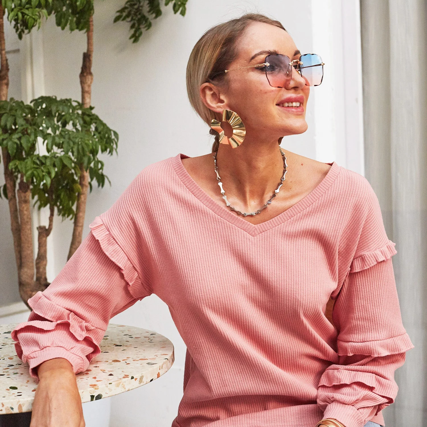 Waffle Knit Ruffle Lantern Long Sleeve - Image 14