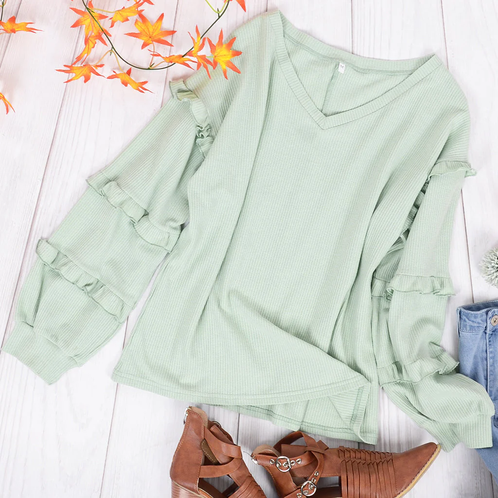 Waffle Knit Ruffle Lantern Long Sleeve - Image 5