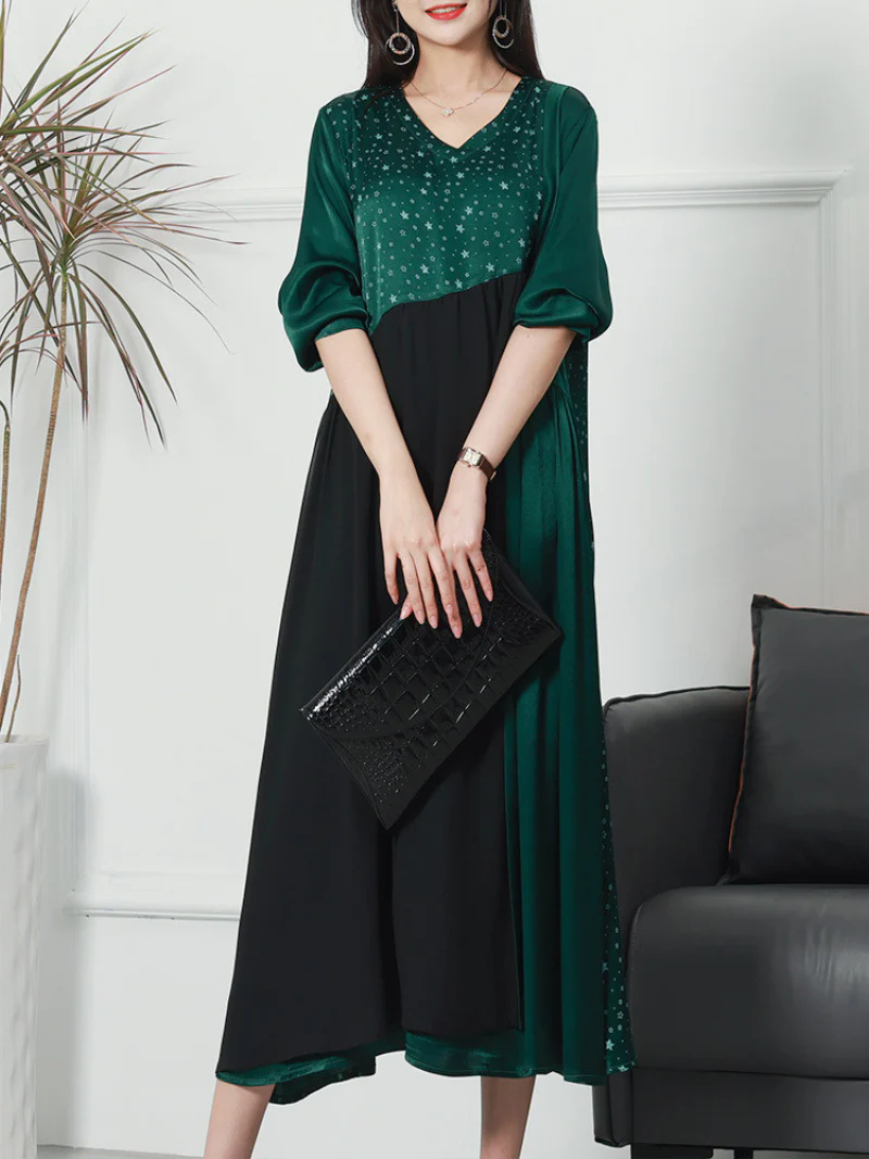 V-neck Neck Middle Waist Star Pattern Midi-Dress - Image 3