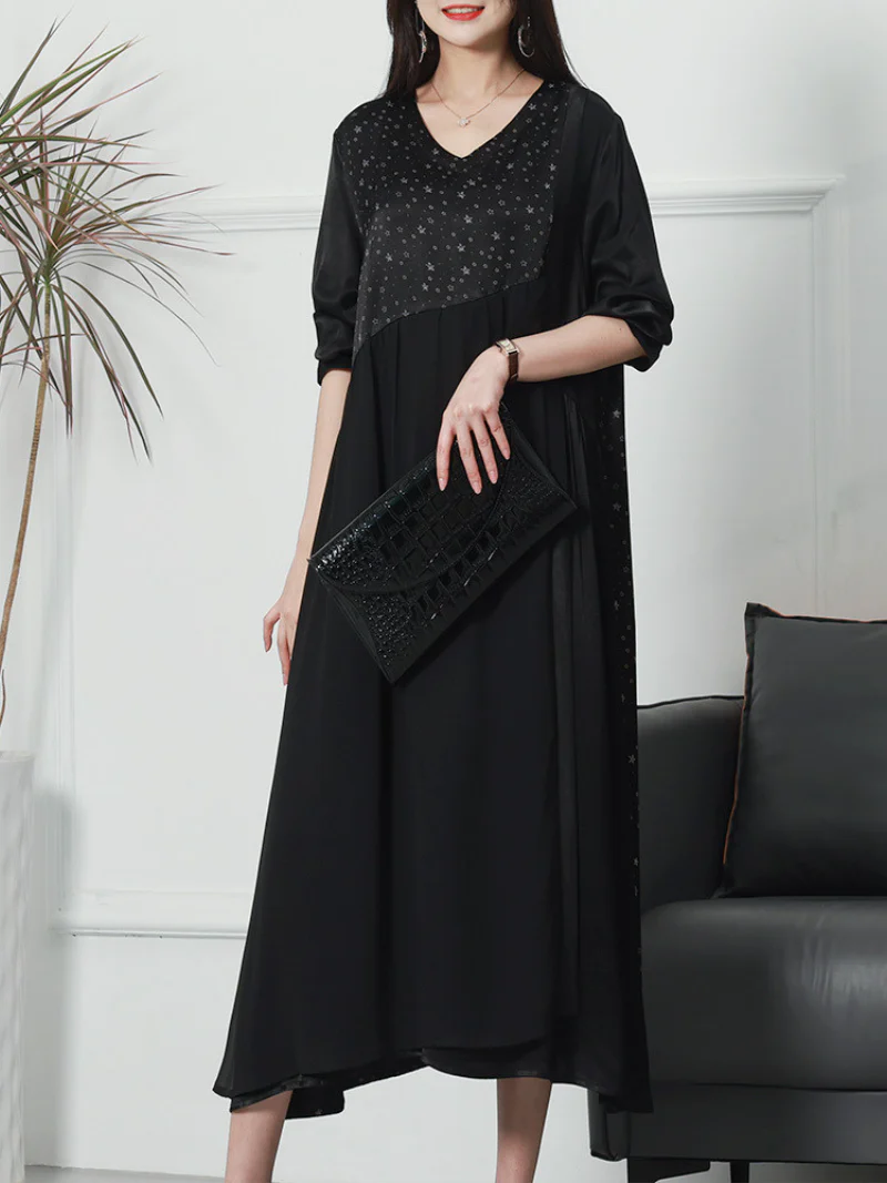 V-neck Neck Middle Waist Star Pattern Midi-Dress - Image 4