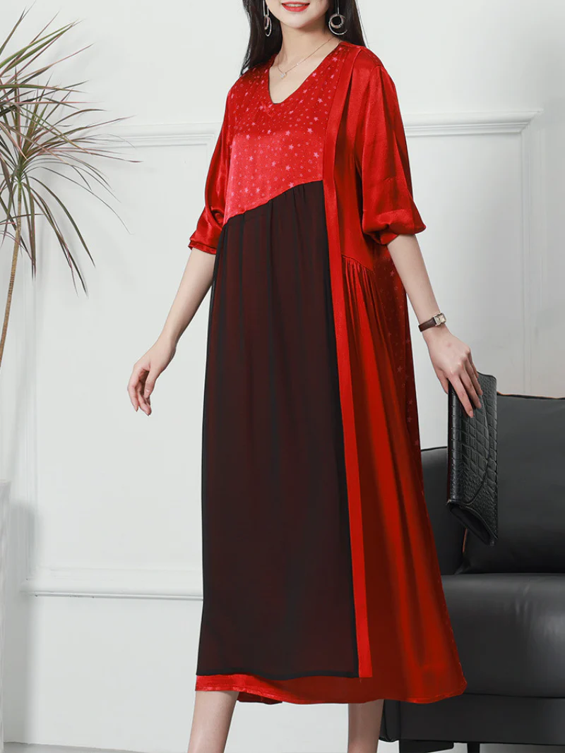 V-neck Neck Middle Waist Star Pattern Midi-Dress - Image 5