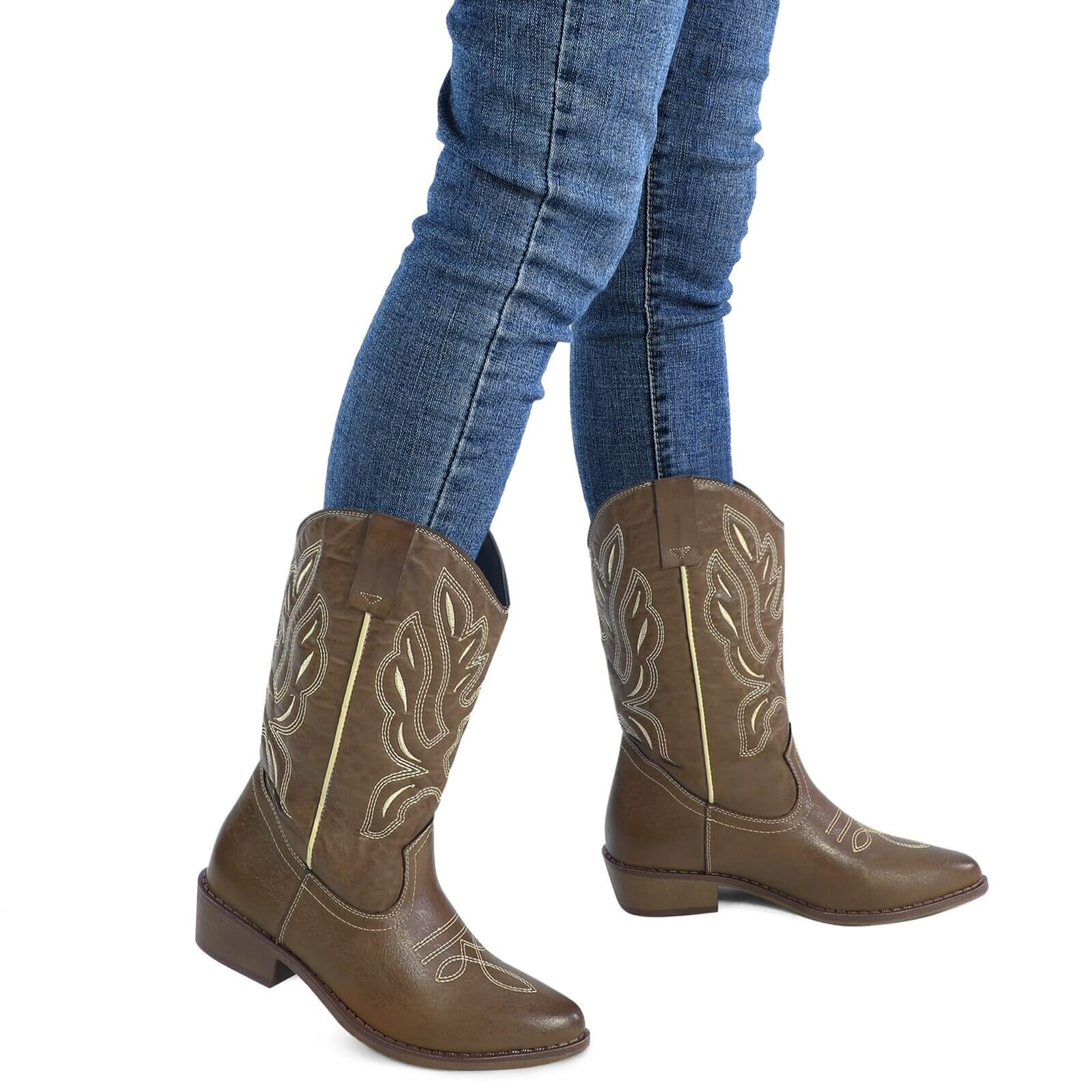 Western Cowboy Boots Embroidered Mid-Calf Pointed Toe Cowgirl Booties - Image 11