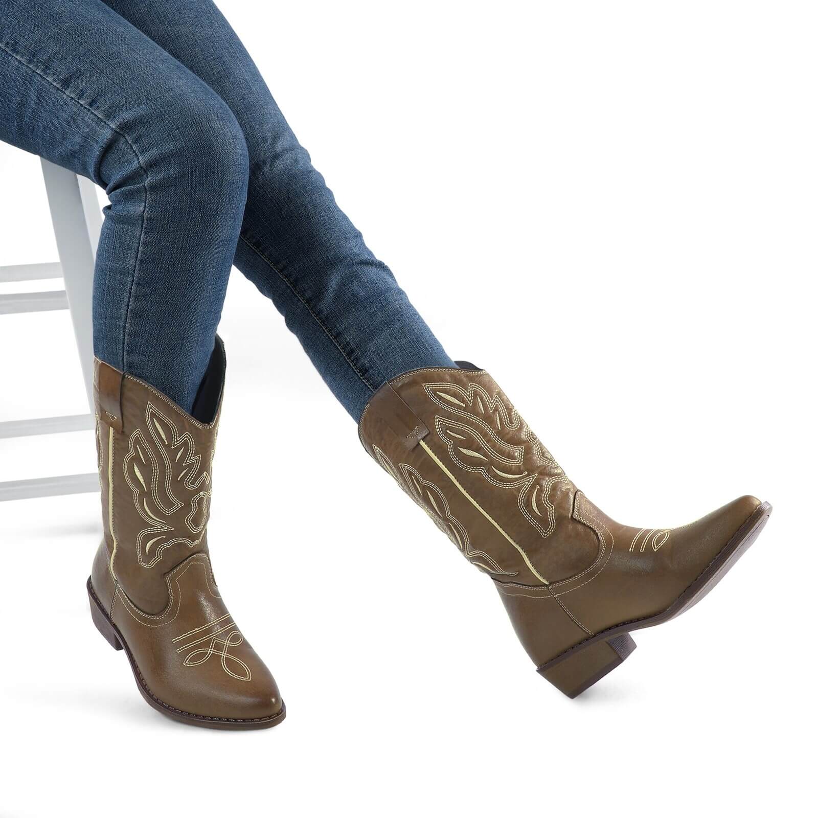 Western Cowboy Boots Embroidered Mid-Calf Pointed Toe Cowgirl Booties - Image 12