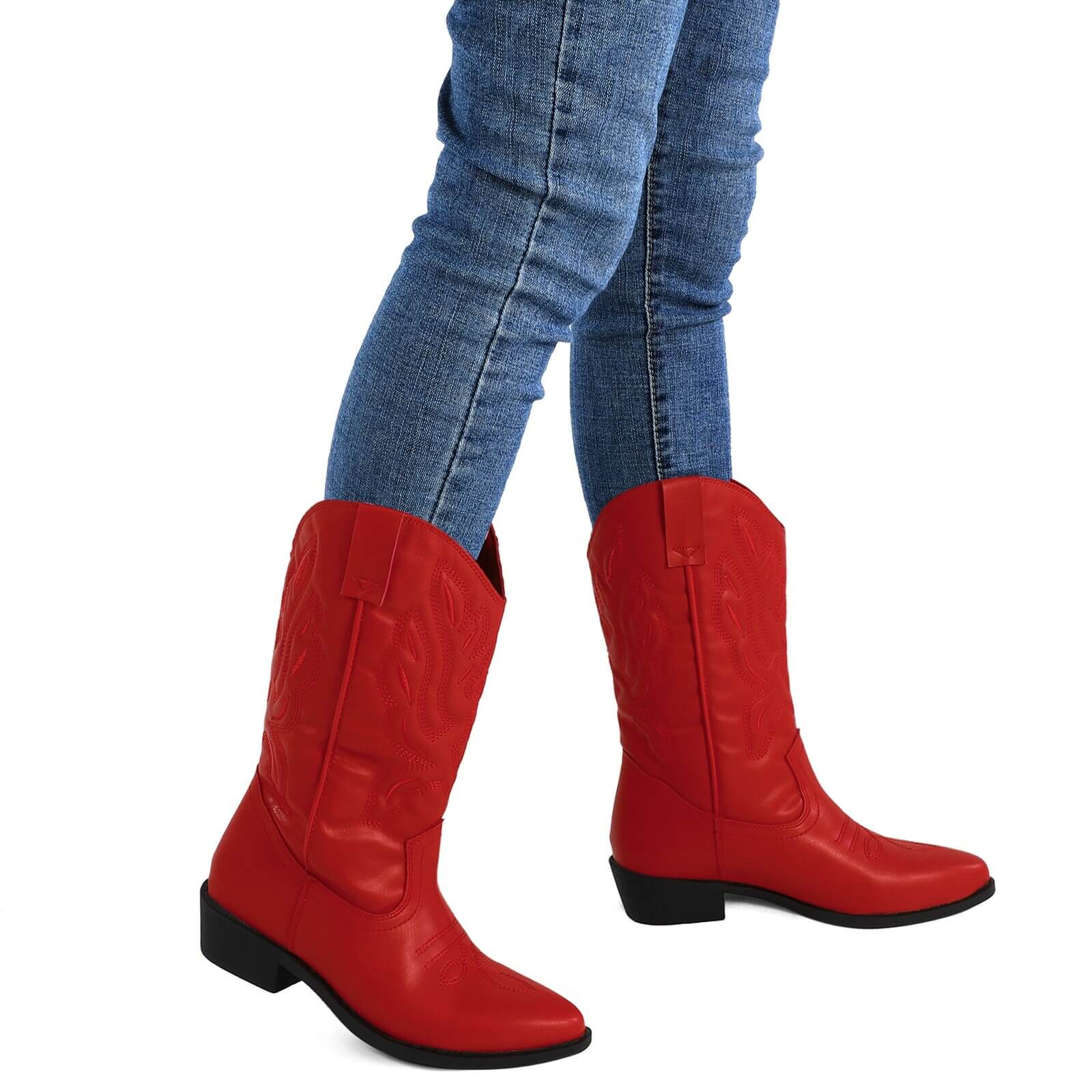 Western Cowboy Boots Embroidered Mid-Calf Pointed Toe Cowgirl Booties - Image 17