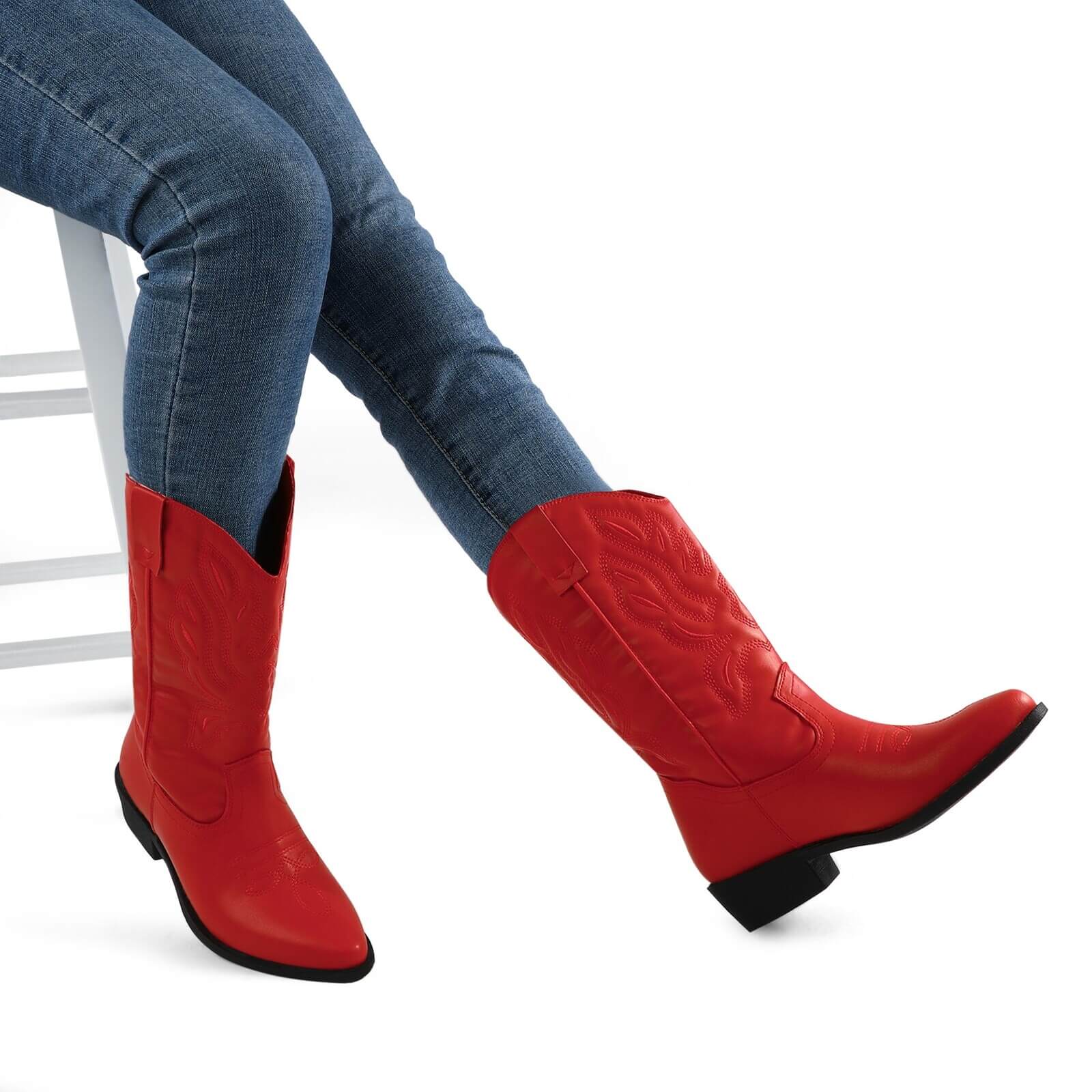 Western Cowboy Boots Embroidered Mid-Calf Pointed Toe Cowgirl Booties - Image 18