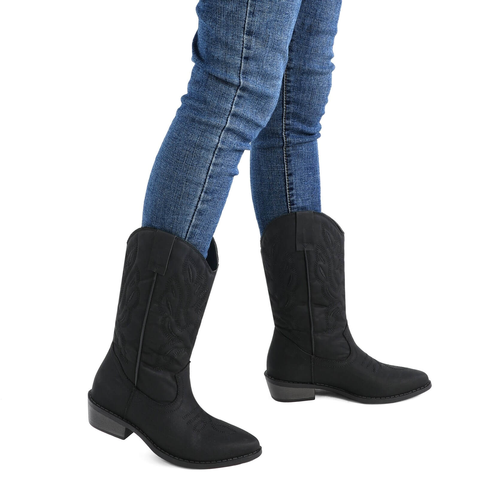 Western Cowboy Boots Embroidered Mid-Calf Pointed Toe Cowgirl Booties - Image 23