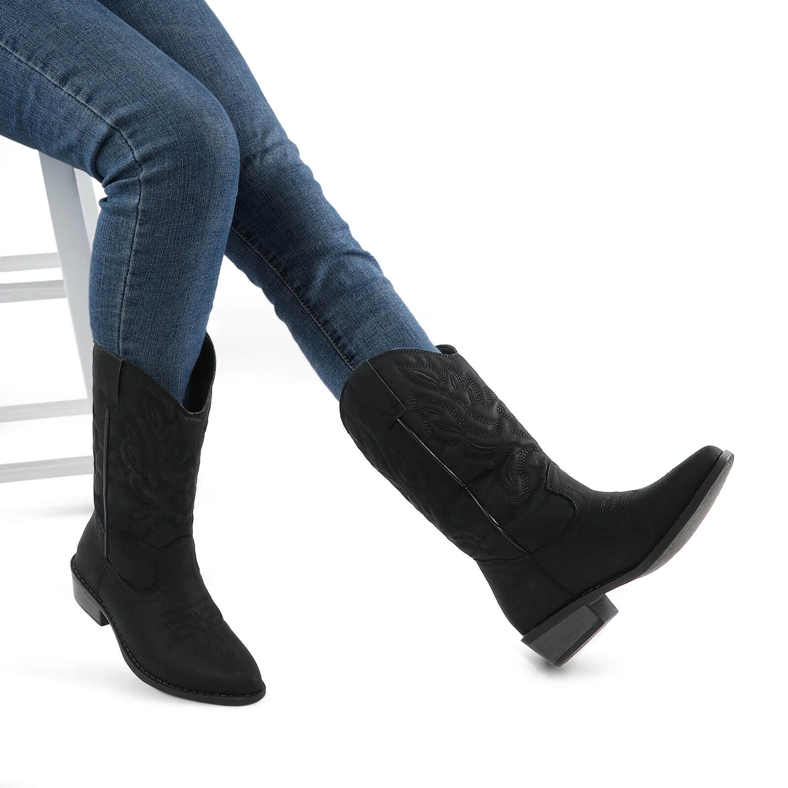 Western Cowboy Boots Embroidered Mid-Calf Pointed Toe Cowgirl Booties - Image 24