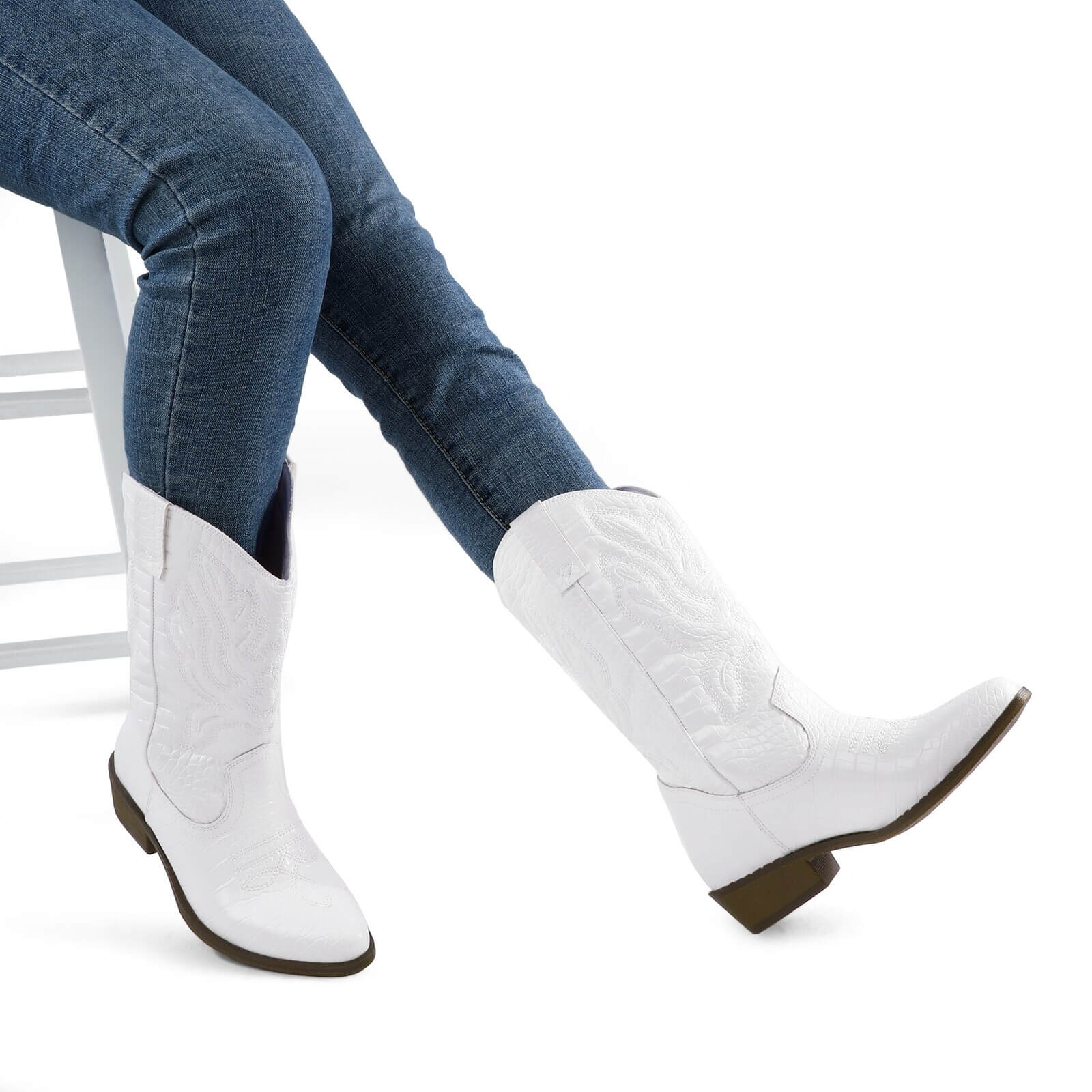 Western Cowboy Boots Embroidered Mid-Calf Pointed Toe Cowgirl Booties - Image 30