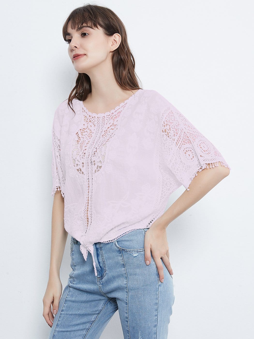 White Lace Crochet Blouse Tie Knot Top - Image 2