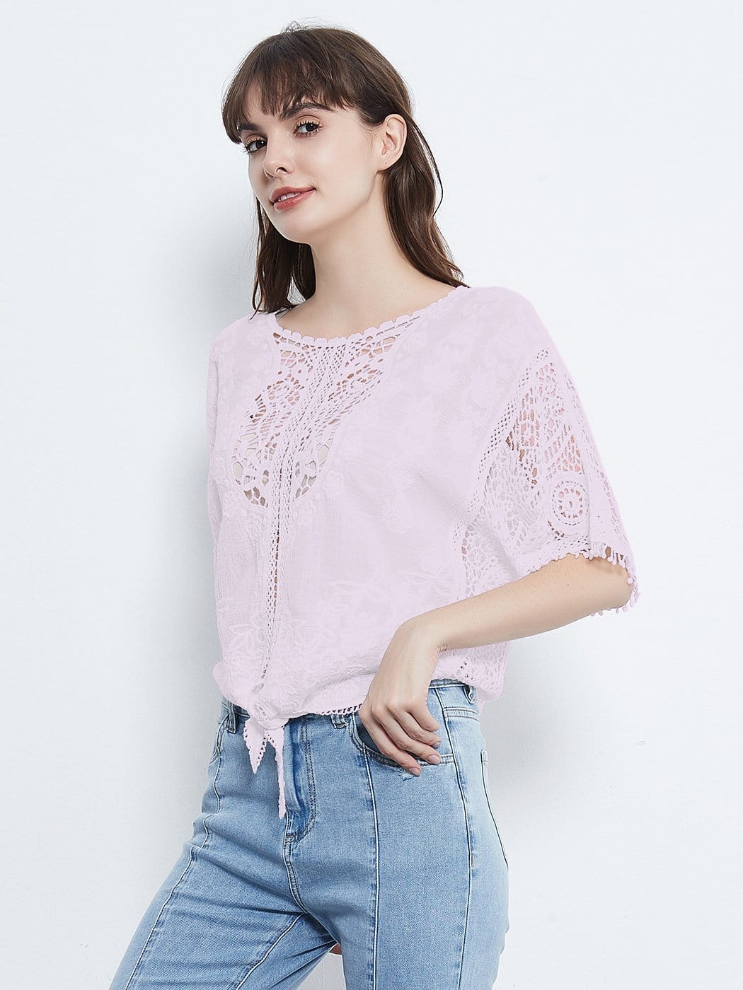 White Lace Crochet Blouse Tie Knot Top - Image 3