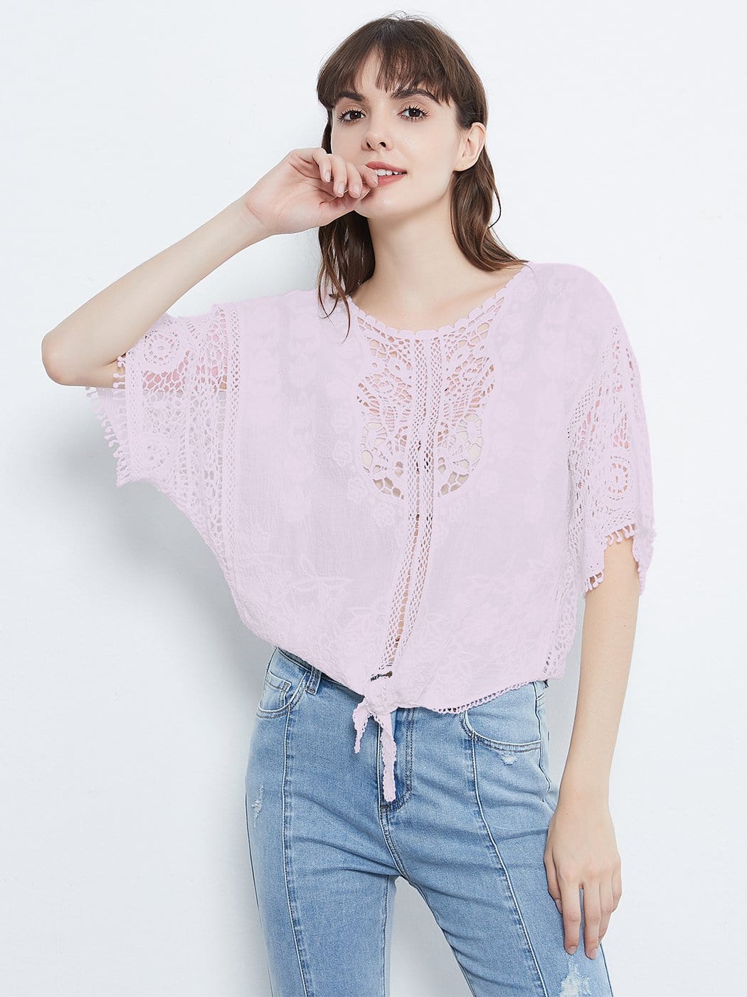 White Lace Crochet Blouse Tie Knot Top - Image 4