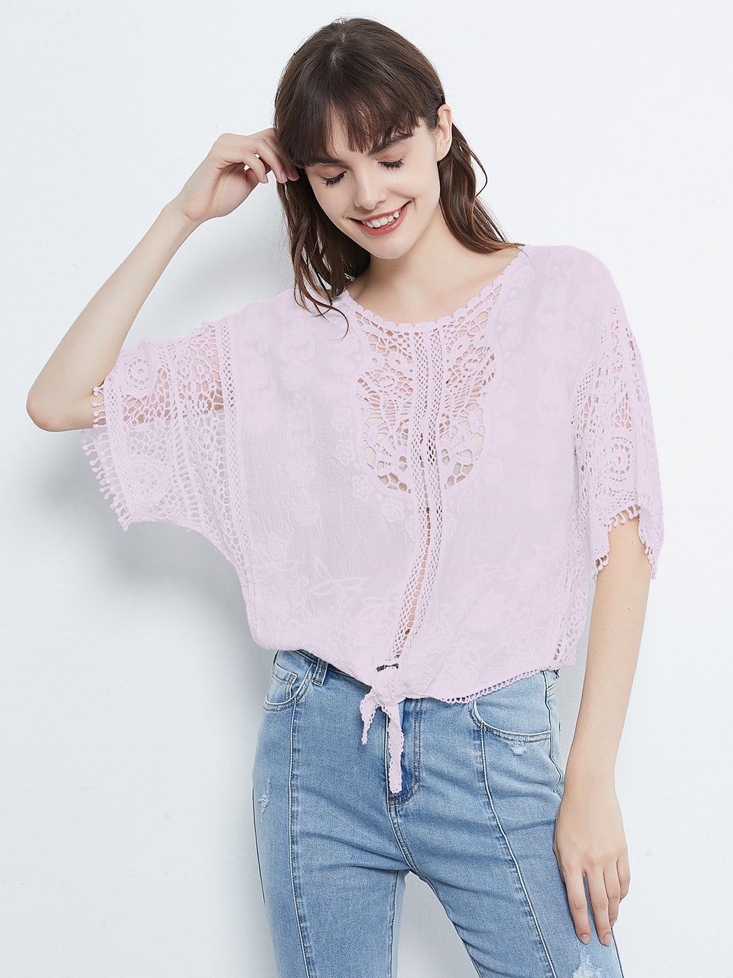 White Lace Crochet Blouse Tie Knot Top - Image 5