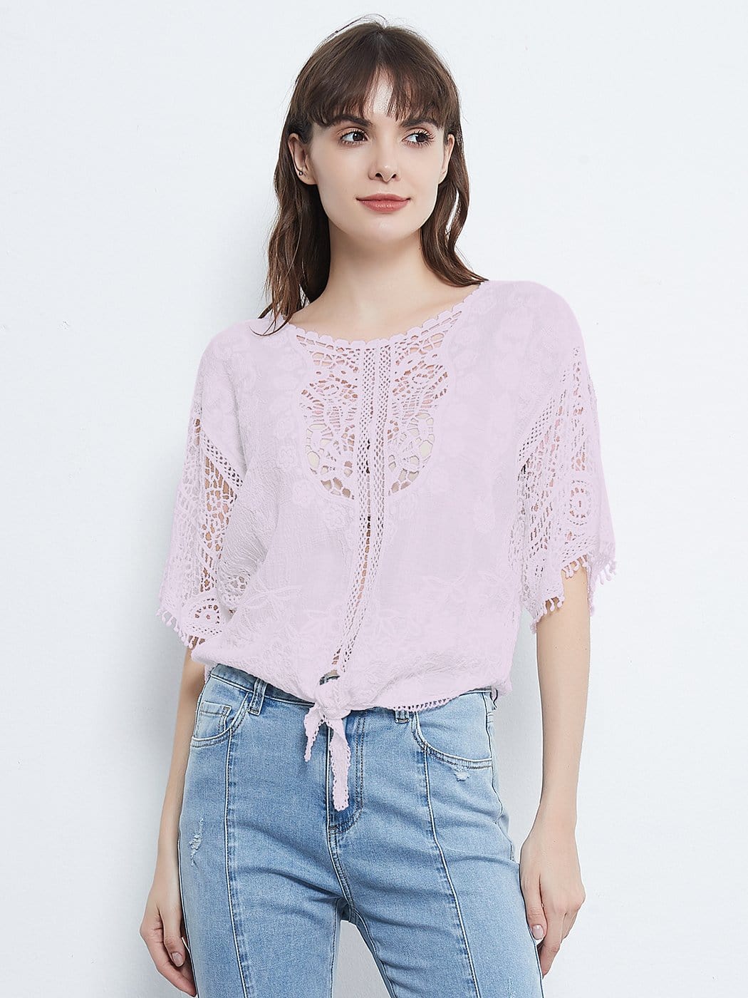 White Lace Crochet Blouse Tie Knot Top - Image 6