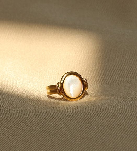 White Oval Iridescent Shell Gold Ring - Image 2