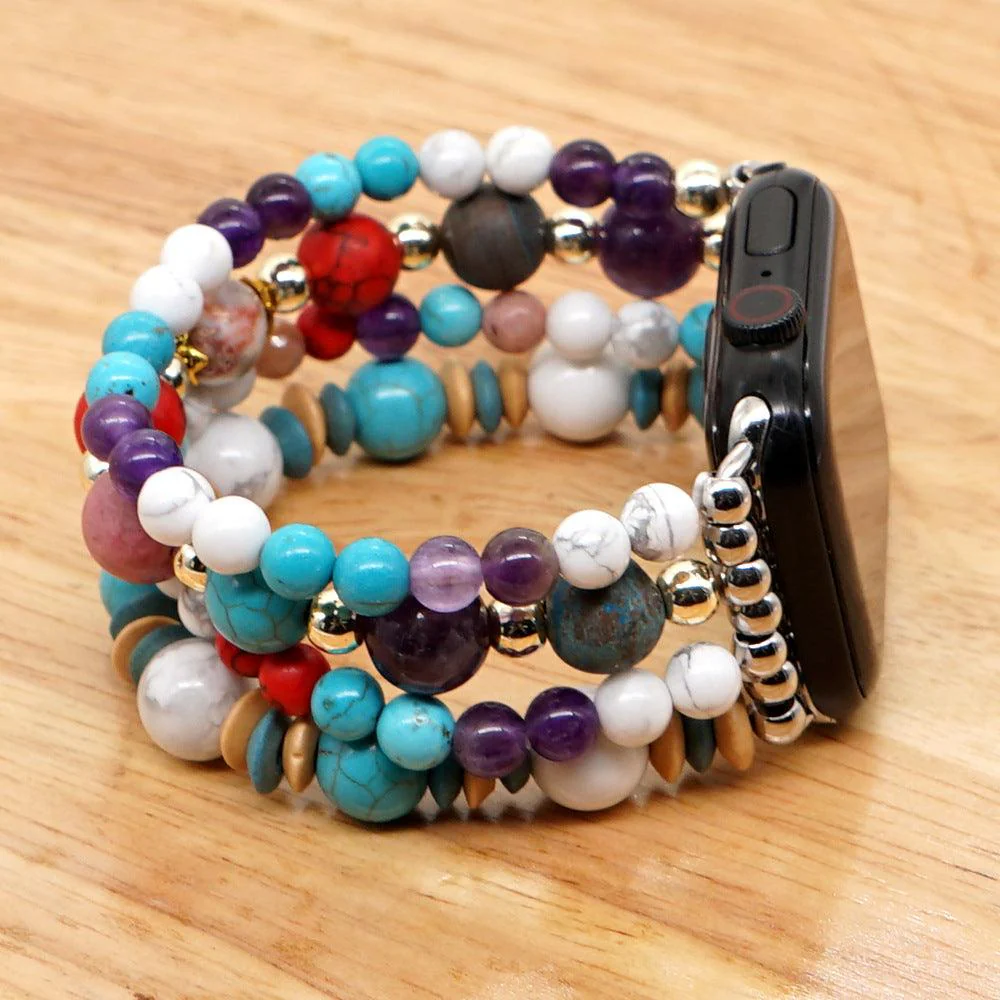 White Pine Turquoise Amethyst Gold Bead Watch Strap - Image 5