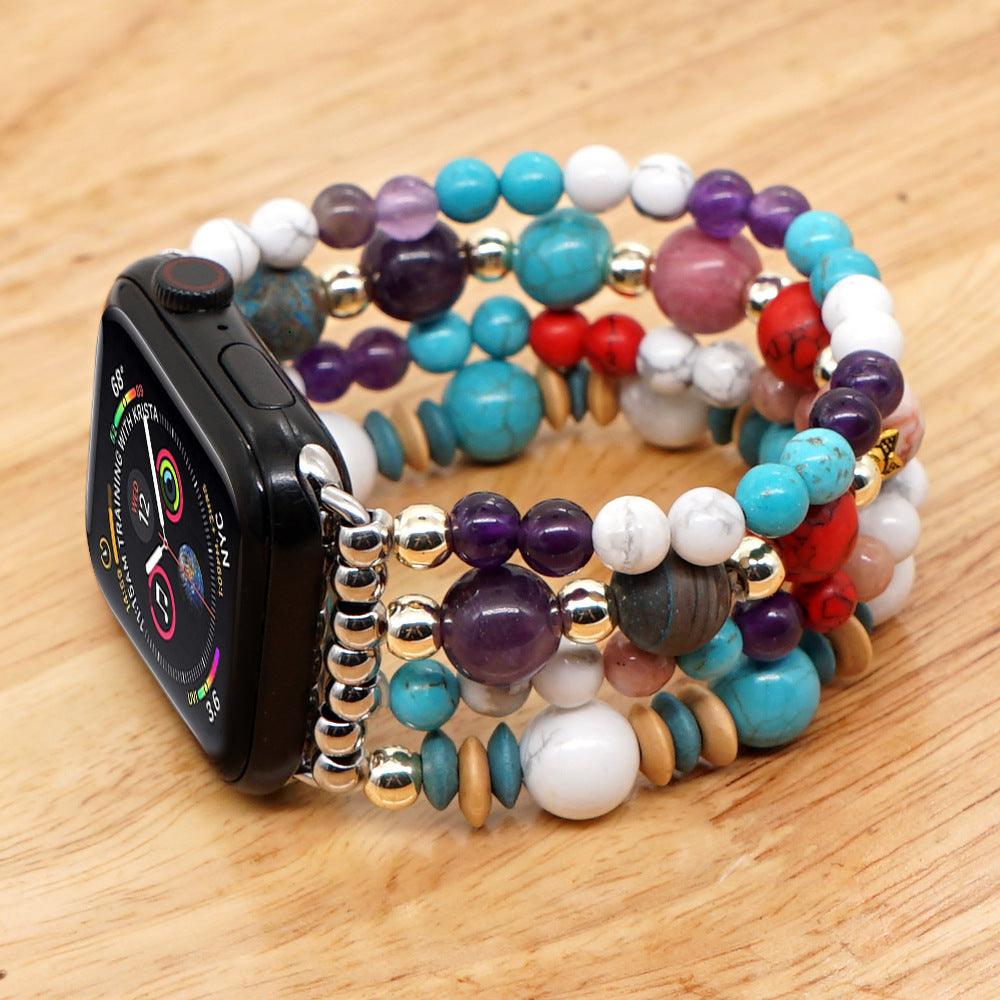 White Pine Turquoise Amethyst Gold Bead Watch Strap - Image 6