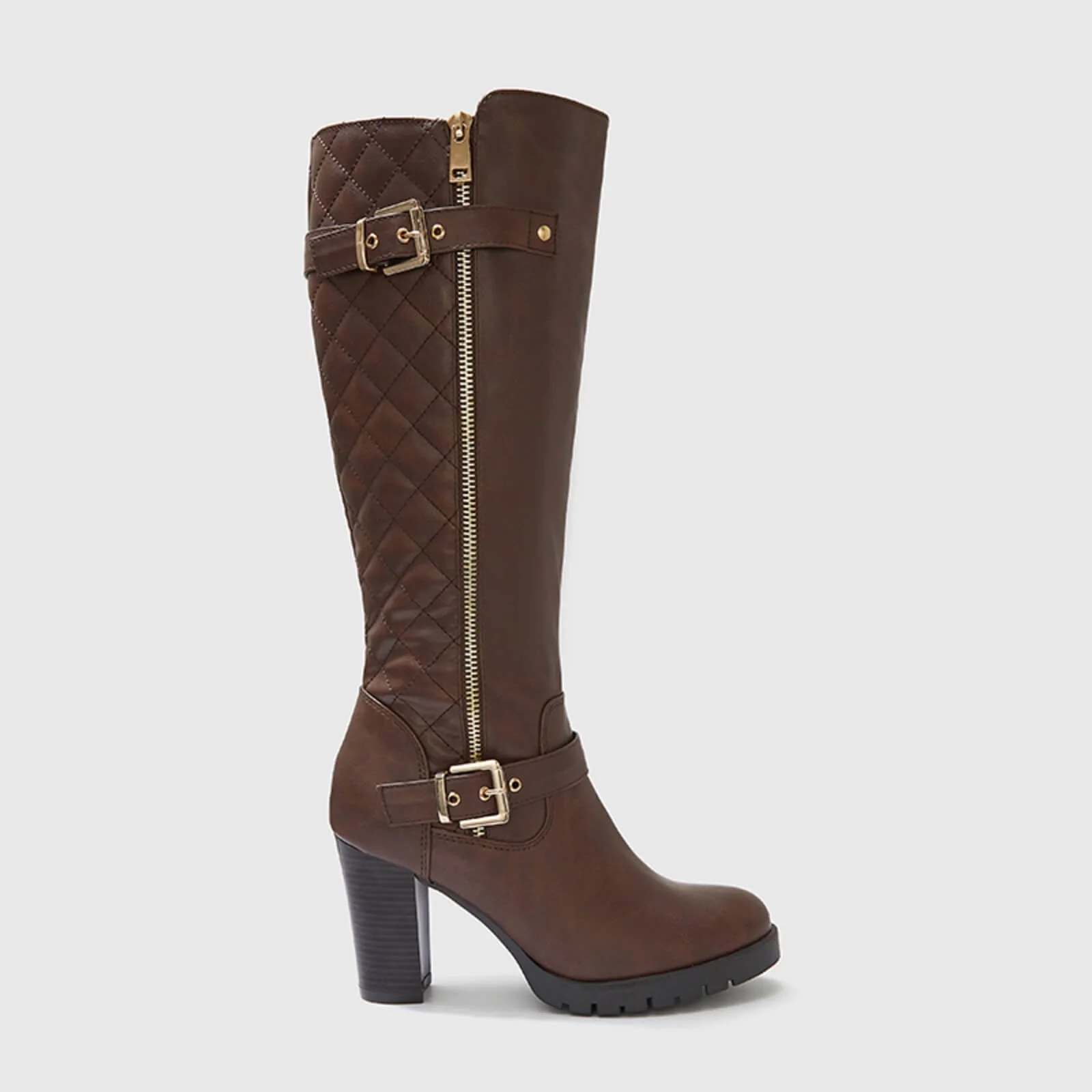 Wide Calf Quilted Chunky Knee High Boots Buckle - Image 2