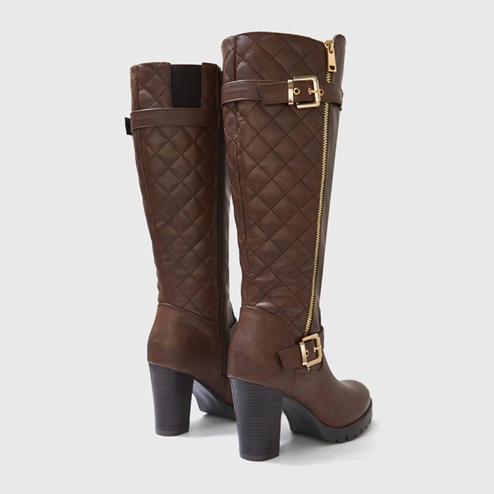 Wide Calf Quilted Chunky Knee High Boots Buckle - Image 4
