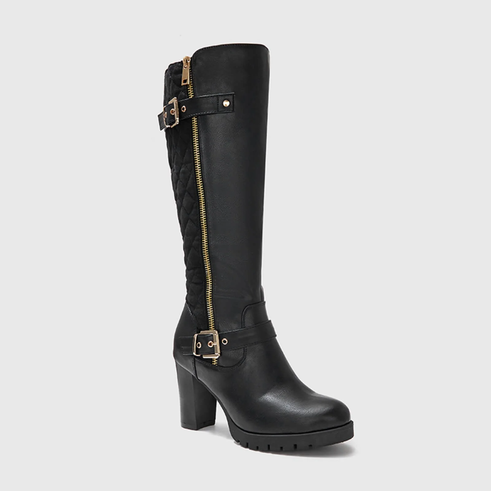 Wide Calf Quilted Chunky Knee High Boots Buckle - Image 6