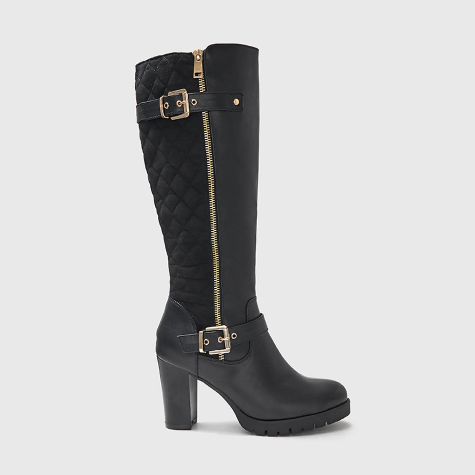 Wide Calf Quilted Chunky Knee High Boots Buckle - Image 7