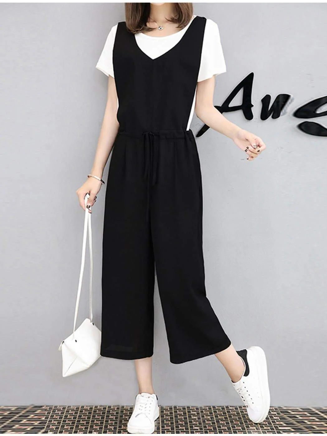 Wide Leg Cropped Overall Jumpsuit - Image 2