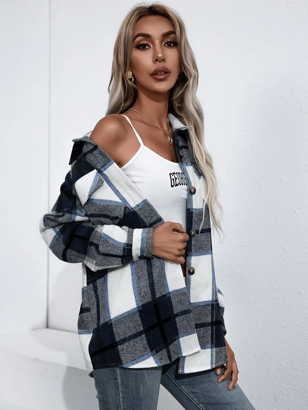 Wide Plaid Button Up Collared Shirt - Image 4