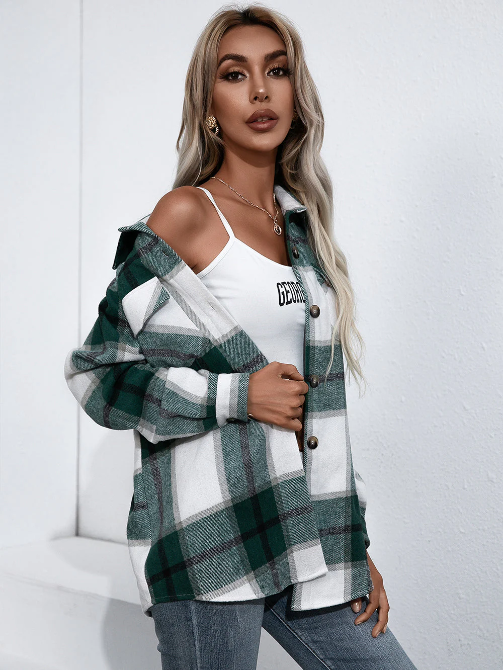 Wide Plaid Button Up Collared Shirt - Image 7