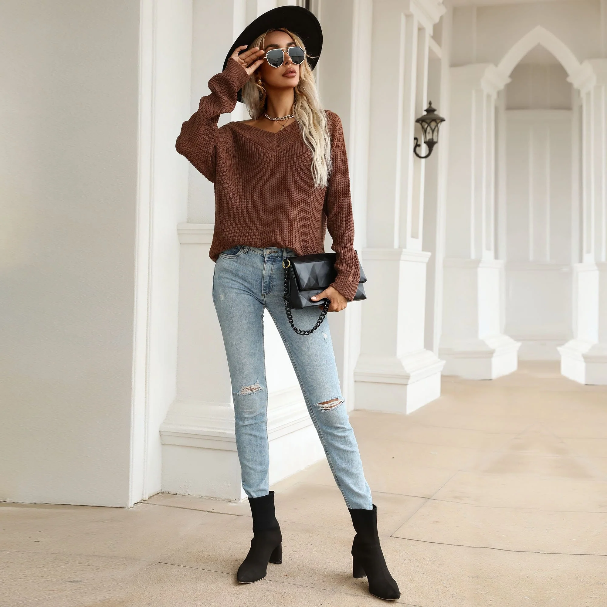 Wide V Neck Knit Sweater - Image 3