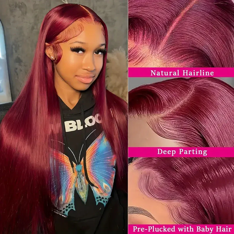 Wine Red For Women Medium Long Straight Fluffy Natural Hair Cover - Image 10
