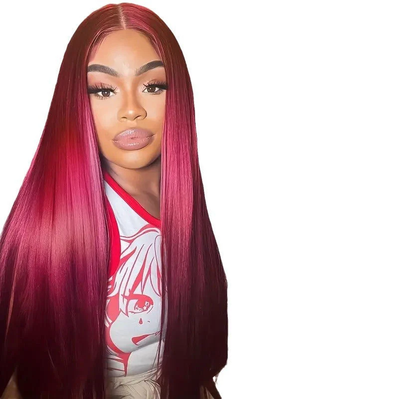 Wine Red For Women Medium Long Straight Fluffy Natural Hair Cover - Image 5
