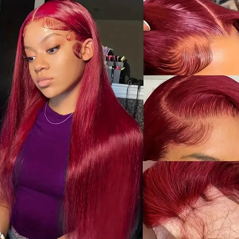 Wine Red For Women Medium Long Straight Fluffy Natural Hair Cover - Image 6