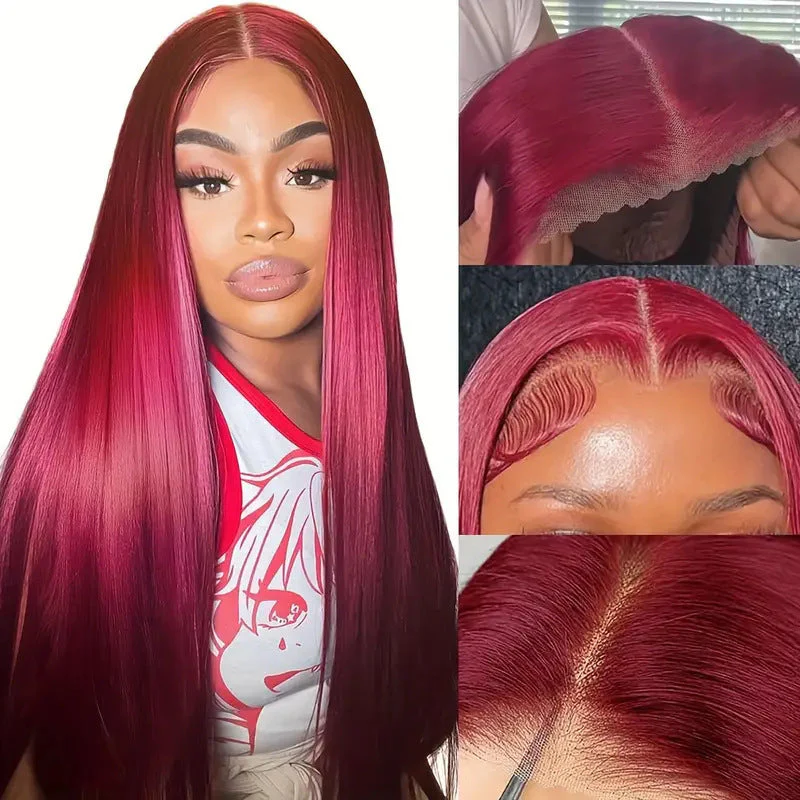 Wine Red For Women Medium Long Straight Fluffy Natural Hair Cover - Image 7