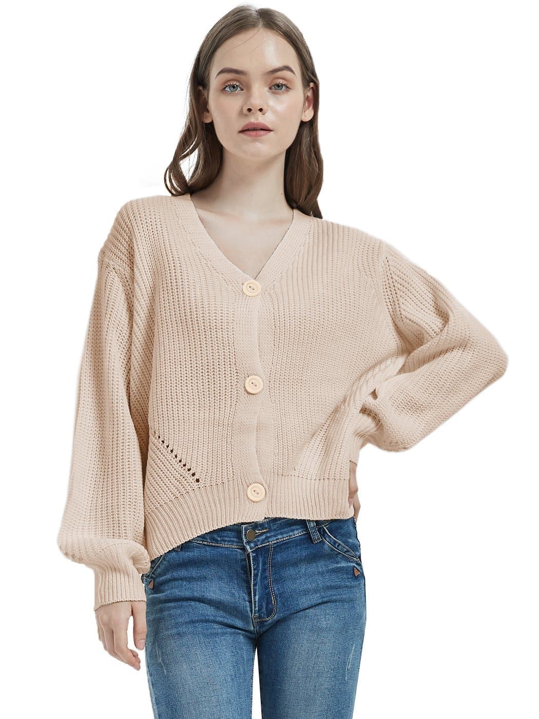 Lantern Sleeve Cardigan Button Down Open Front Knit Sweater Coat