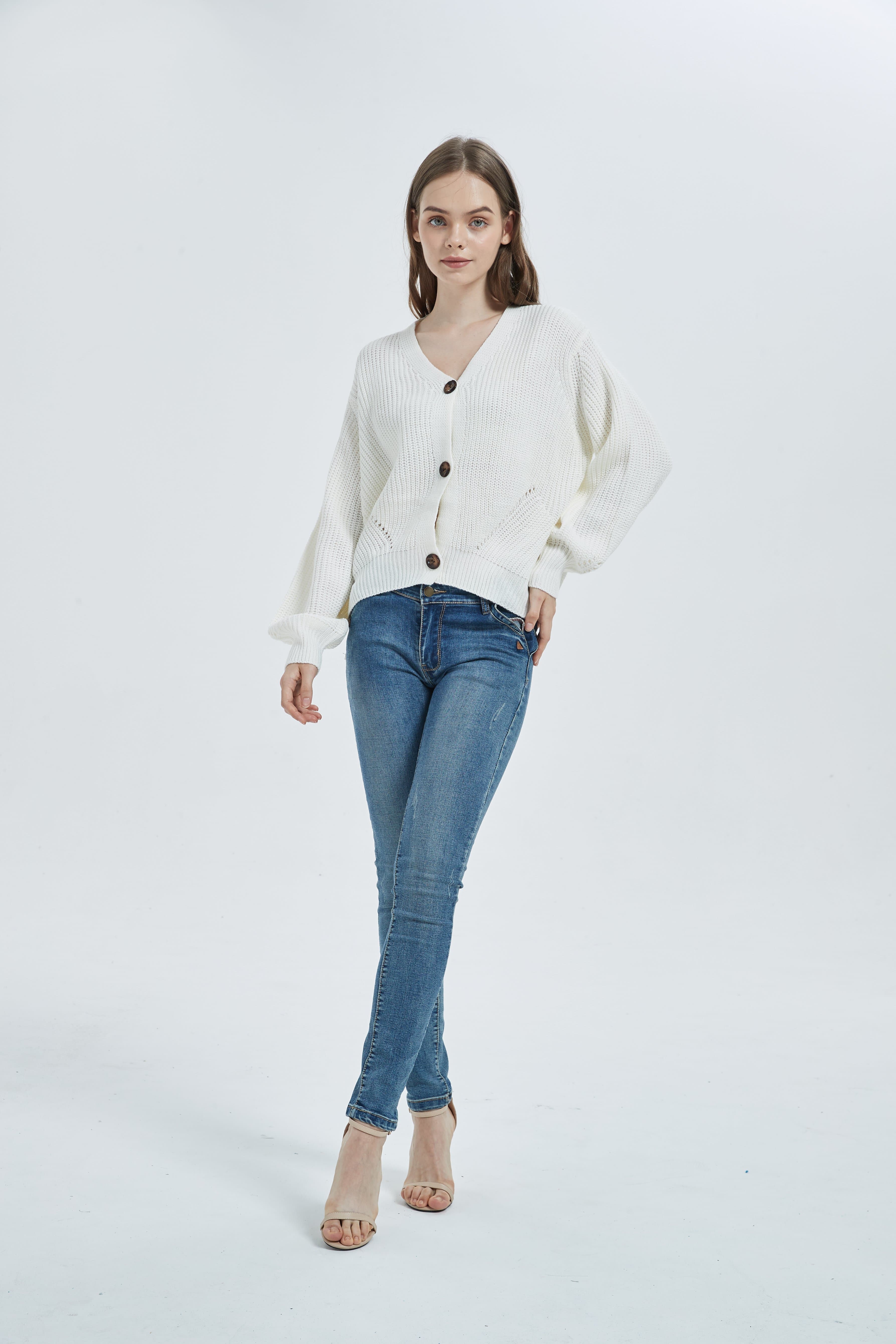 Lantern Sleeve Cardigan Button Down Open Front Knit Sweater Coat - Image 12