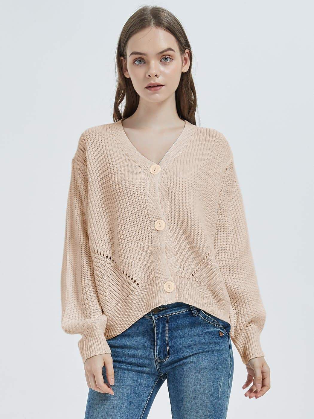 Lantern Sleeve Cardigan Button Down Open Front Knit Sweater Coat - Image 3
