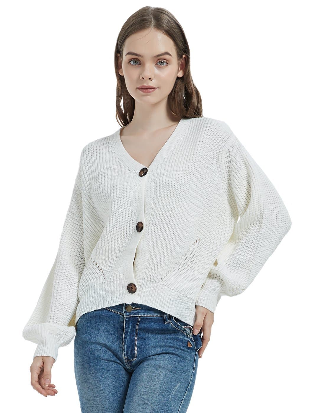 Lantern Sleeve Cardigan Button Down Open Front Knit Sweater Coat - Image 8