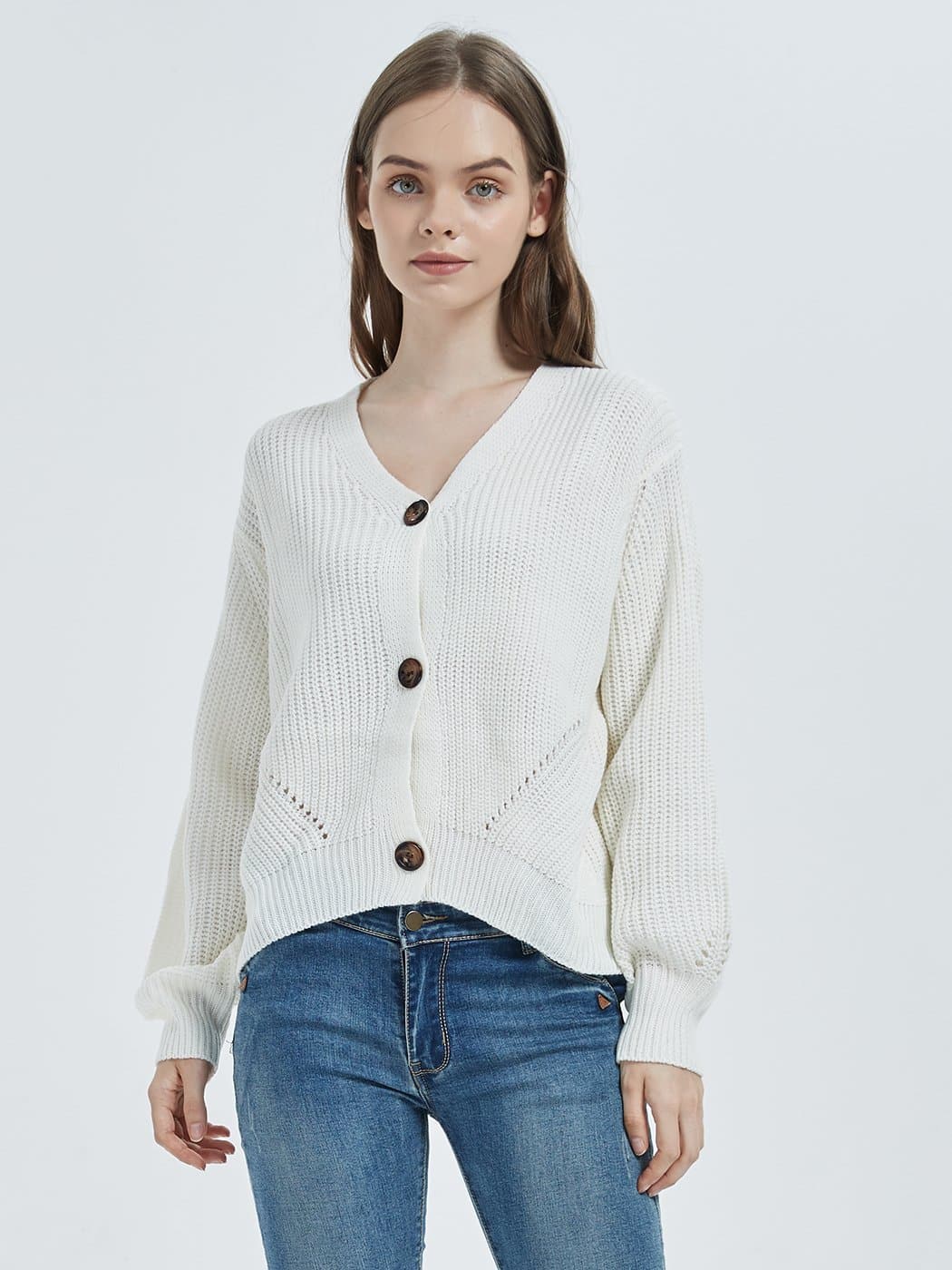 Lantern Sleeve Cardigan Button Down Open Front Knit Sweater Coat - Image 9