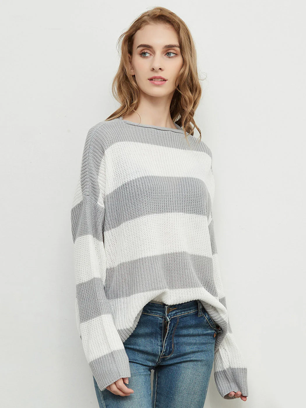 Striped Knitted Sweater Crew Neck Long Sleeve Casual Comfy Pullover Tops - Image 10