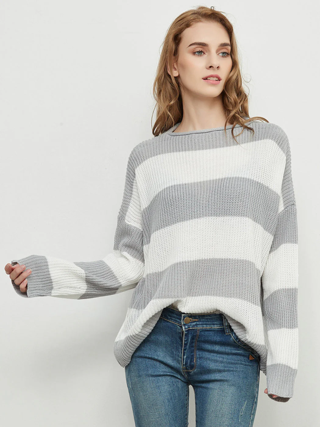 Striped Knitted Sweater Crew Neck Long Sleeve Casual Comfy Pullover Tops - Image 11