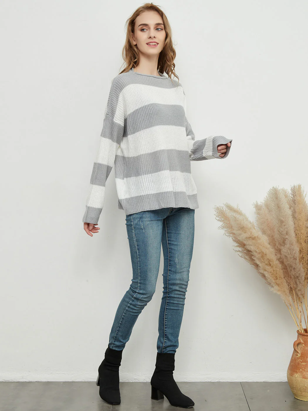 Striped Knitted Sweater Crew Neck Long Sleeve Casual Comfy Pullover Tops - Image 12