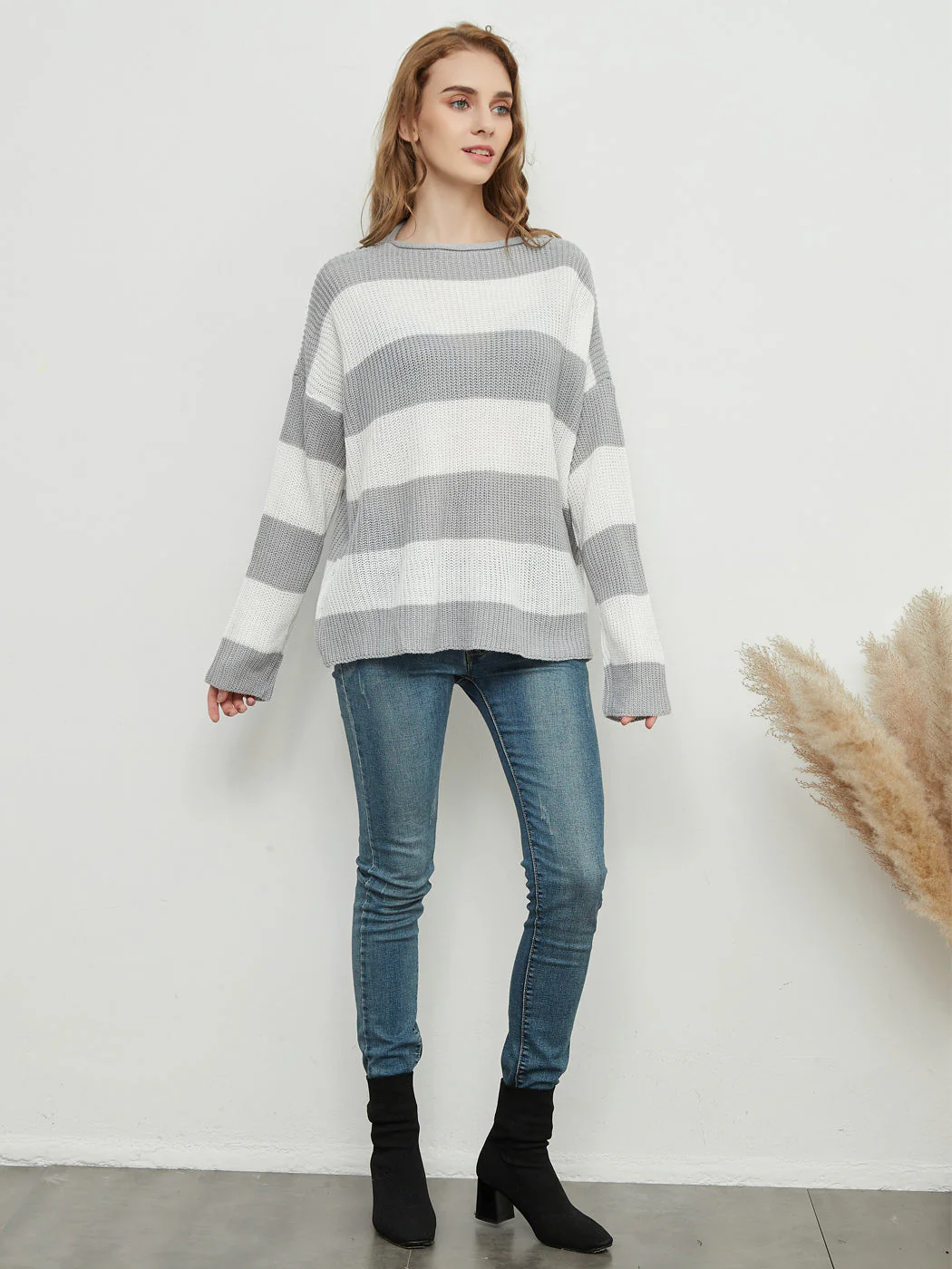 Striped Knitted Sweater Crew Neck Long Sleeve Casual Comfy Pullover Tops - Image 13